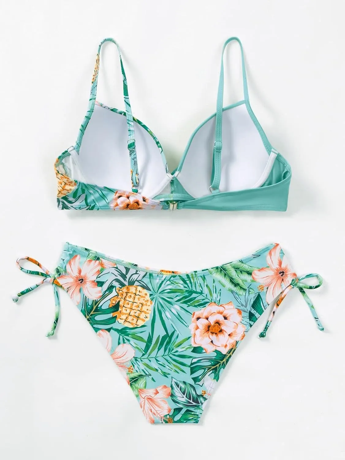 MakeMeChic Women's 2 Piece Bikini Set Tropical Print Wrap Push Up Spaghetti Strap Tie Side Bathing Suit