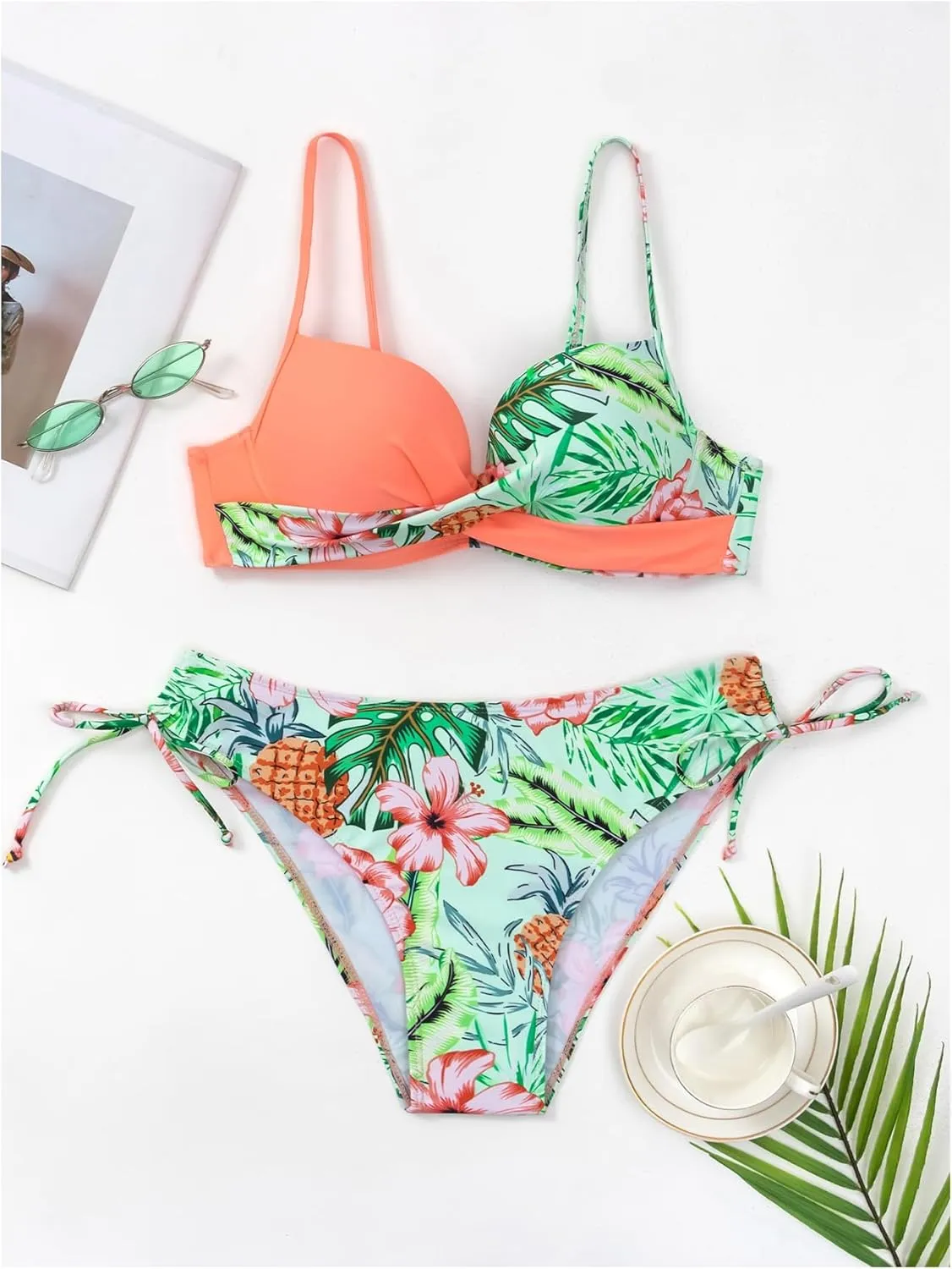 MakeMeChic Women's 2 Piece Bikini Set Tropical Print Wrap Push Up Spaghetti Strap Tie Side Bathing Suit