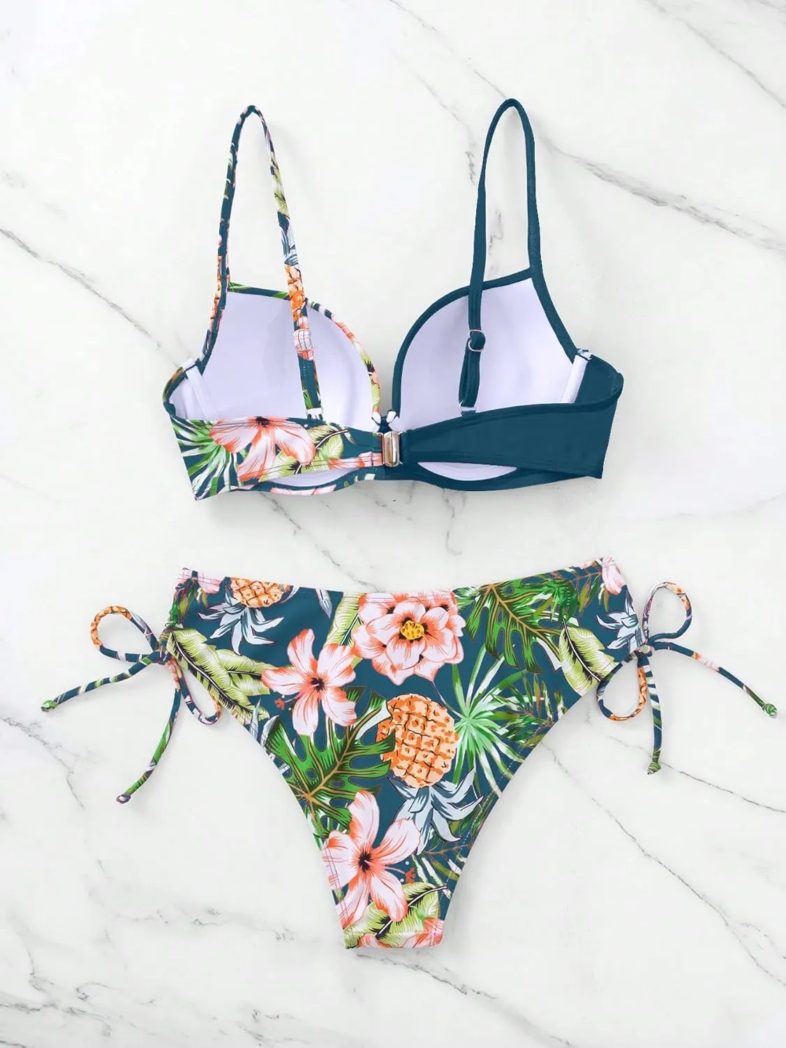 MakeMeChic Women's 2 Piece Bikini Set Tropical Print Wrap Push Up Spaghetti Strap Tie Side Bathing Suit
