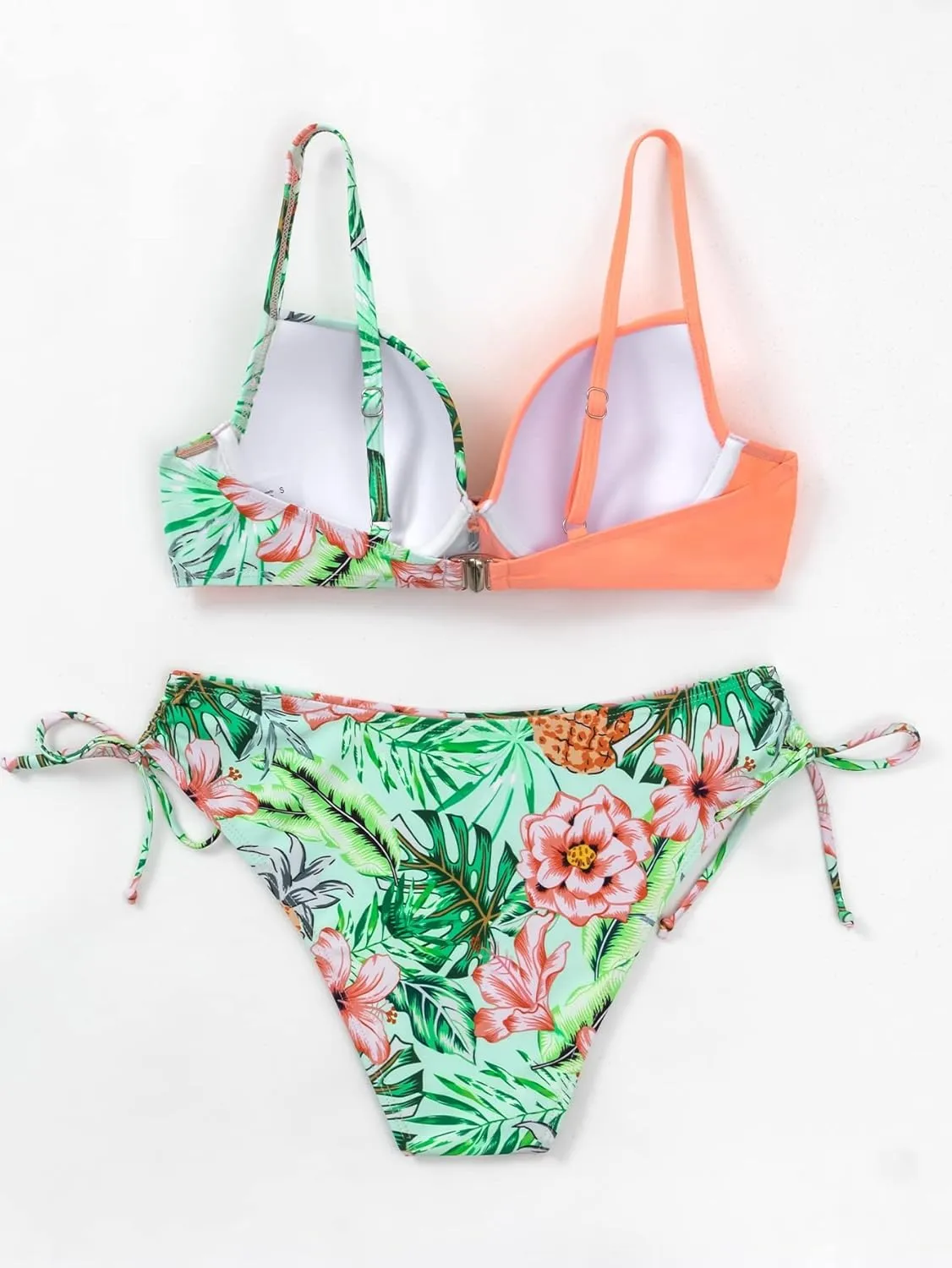 MakeMeChic Women's 2 Piece Bikini Set Tropical Print Wrap Push Up Spaghetti Strap Tie Side Bathing Suit