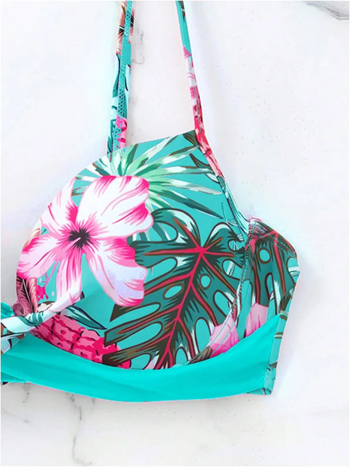 MakeMeChic Women's 2 Piece Bikini Set Tropical Print Wrap Push Up Spaghetti Strap Tie Side Bathing Suit