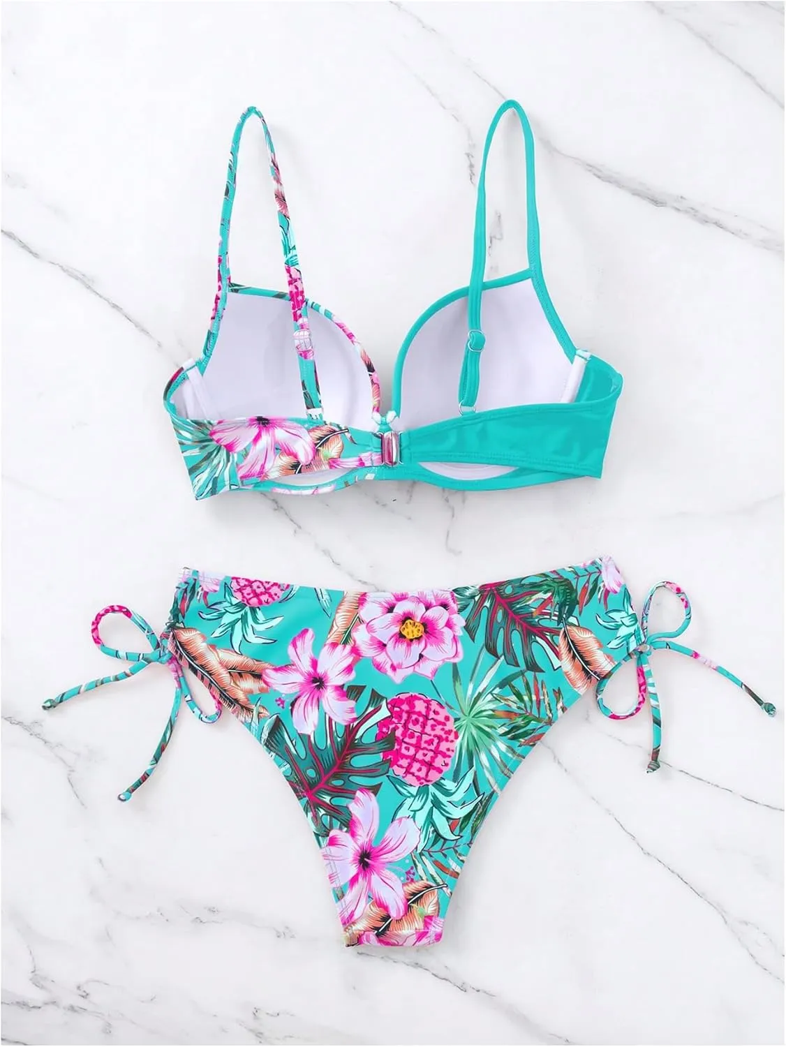 MakeMeChic Women's 2 Piece Bikini Set Tropical Print Wrap Push Up Spaghetti Strap Tie Side Bathing Suit