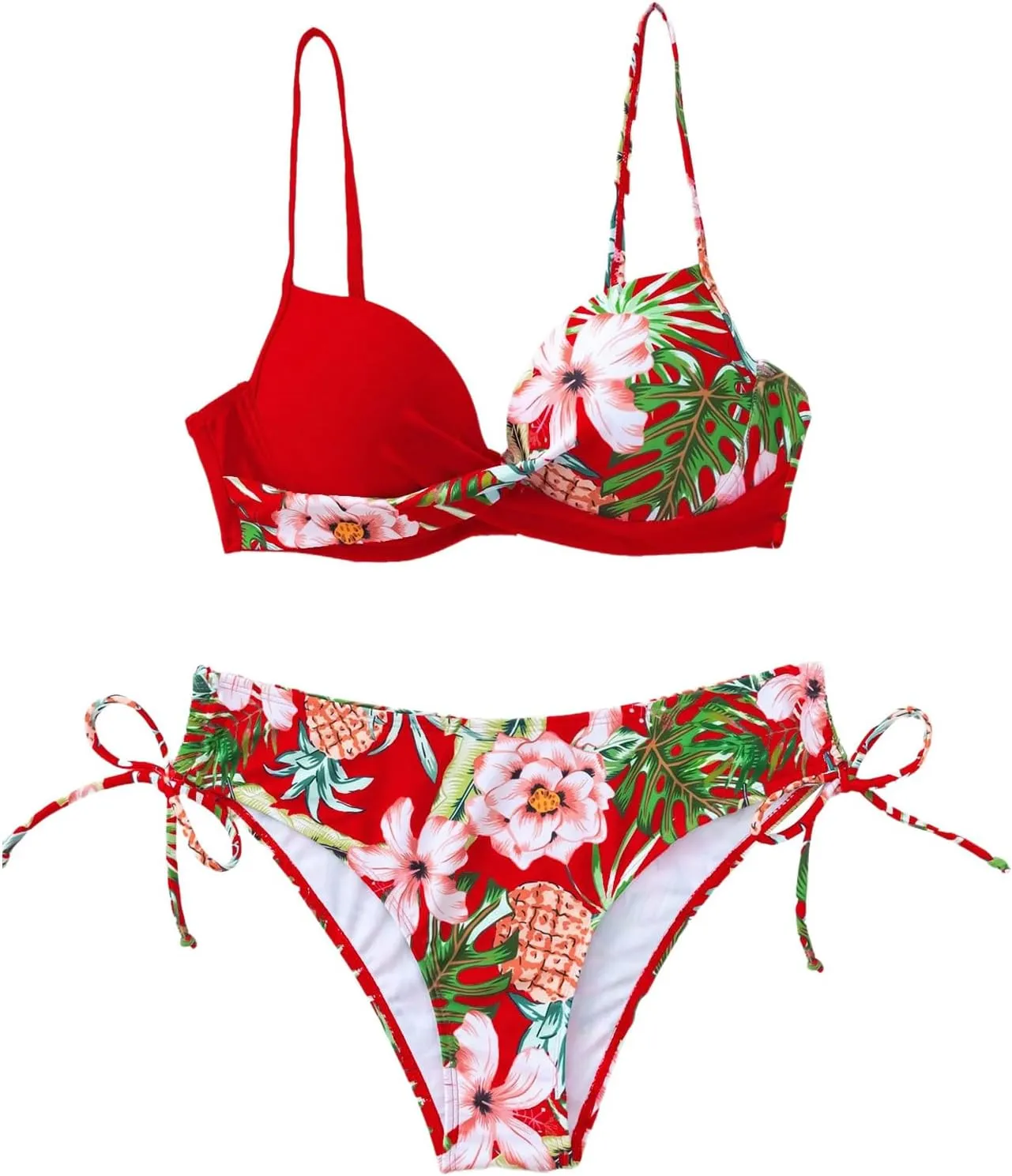 MakeMeChic Women's 2 Piece Bikini Set Tropical Print Wrap Push Up Spaghetti Strap Tie Side Bathing Suit