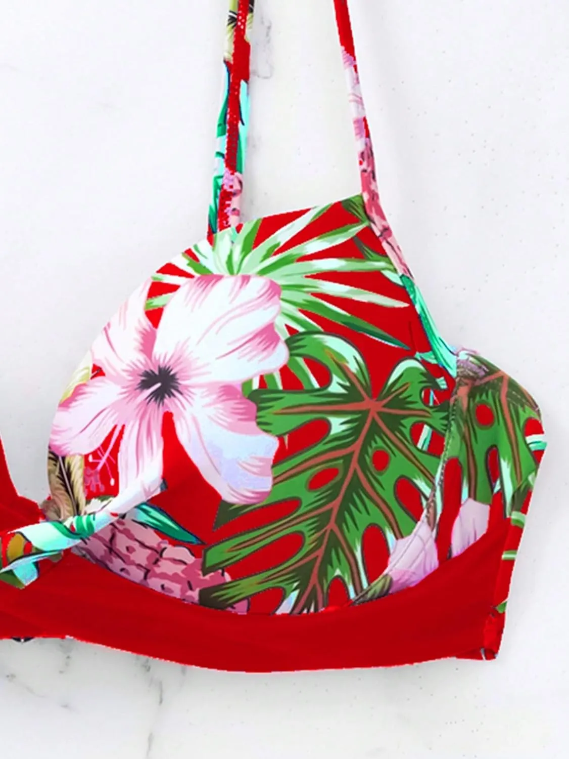 MakeMeChic Women's 2 Piece Bikini Set Tropical Print Wrap Push Up Spaghetti Strap Tie Side Bathing Suit