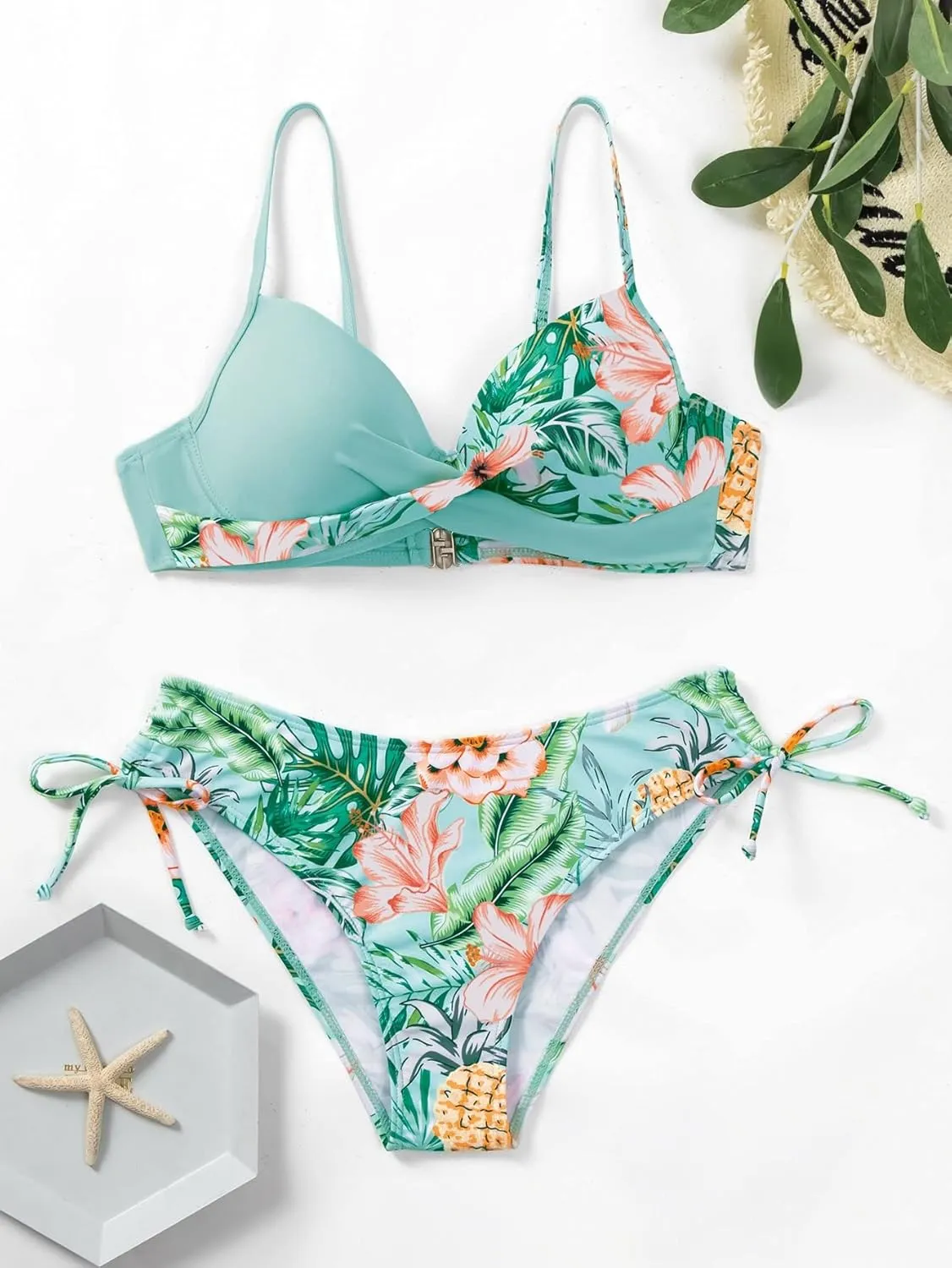 MakeMeChic Women's 2 Piece Bikini Set Tropical Print Wrap Push Up Spaghetti Strap Tie Side Bathing Suit
