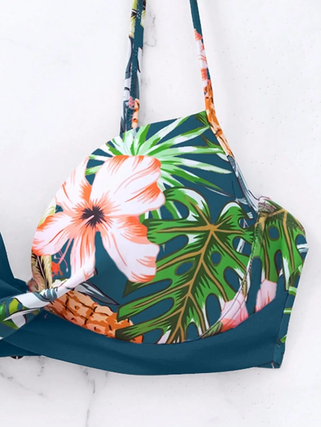 MakeMeChic Women's 2 Piece Bikini Set Tropical Print Wrap Push Up Spaghetti Strap Tie Side Bathing Suit