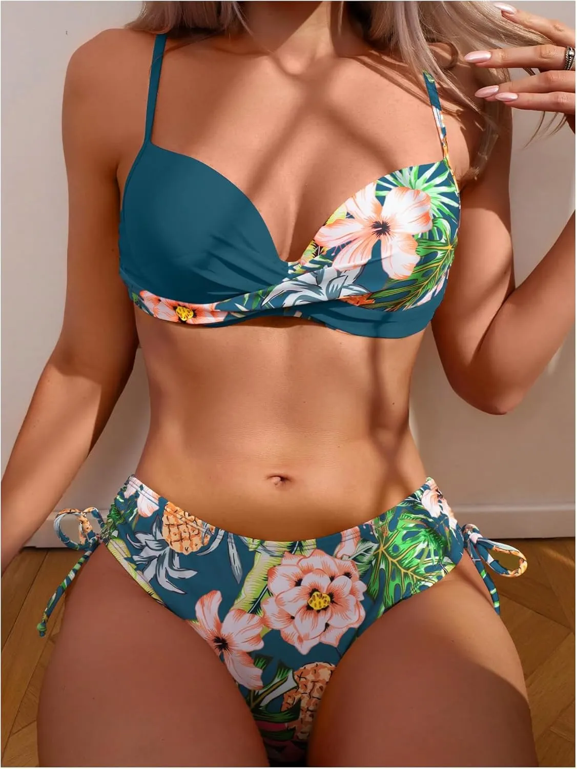 MakeMeChic Women's 2 Piece Bikini Set Tropical Print Wrap Push Up Spaghetti Strap Tie Side Bathing Suit