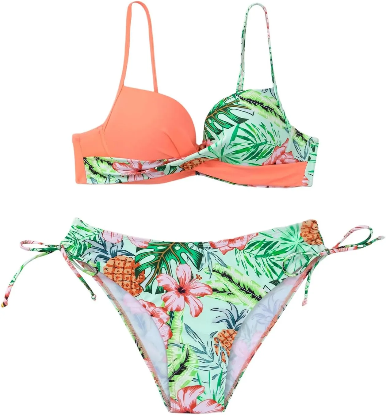 MakeMeChic Women's 2 Piece Bikini Set Tropical Print Wrap Push Up Spaghetti Strap Tie Side Bathing Suit