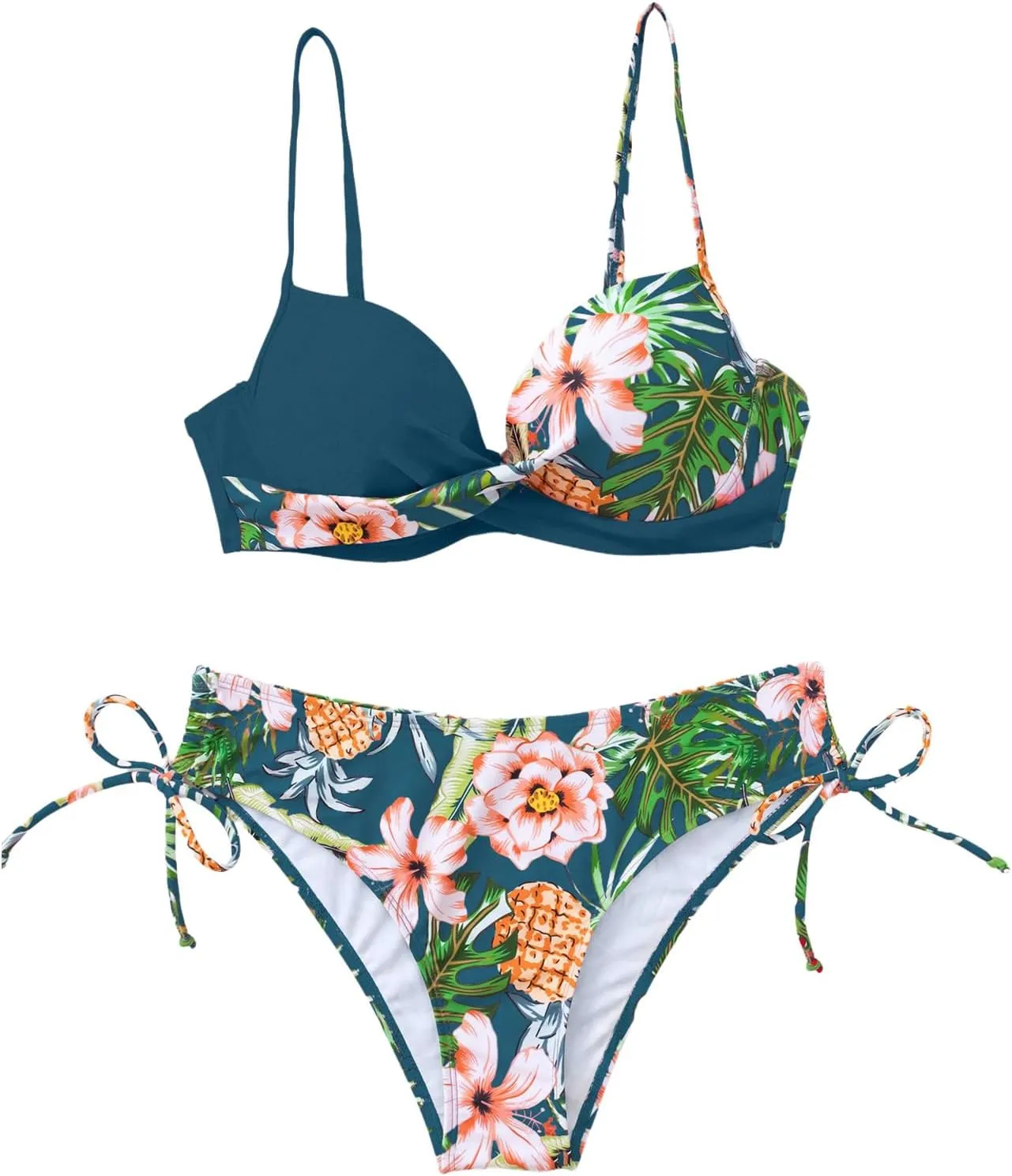 MakeMeChic Women's 2 Piece Bikini Set Tropical Print Wrap Push Up Spaghetti Strap Tie Side Bathing Suit