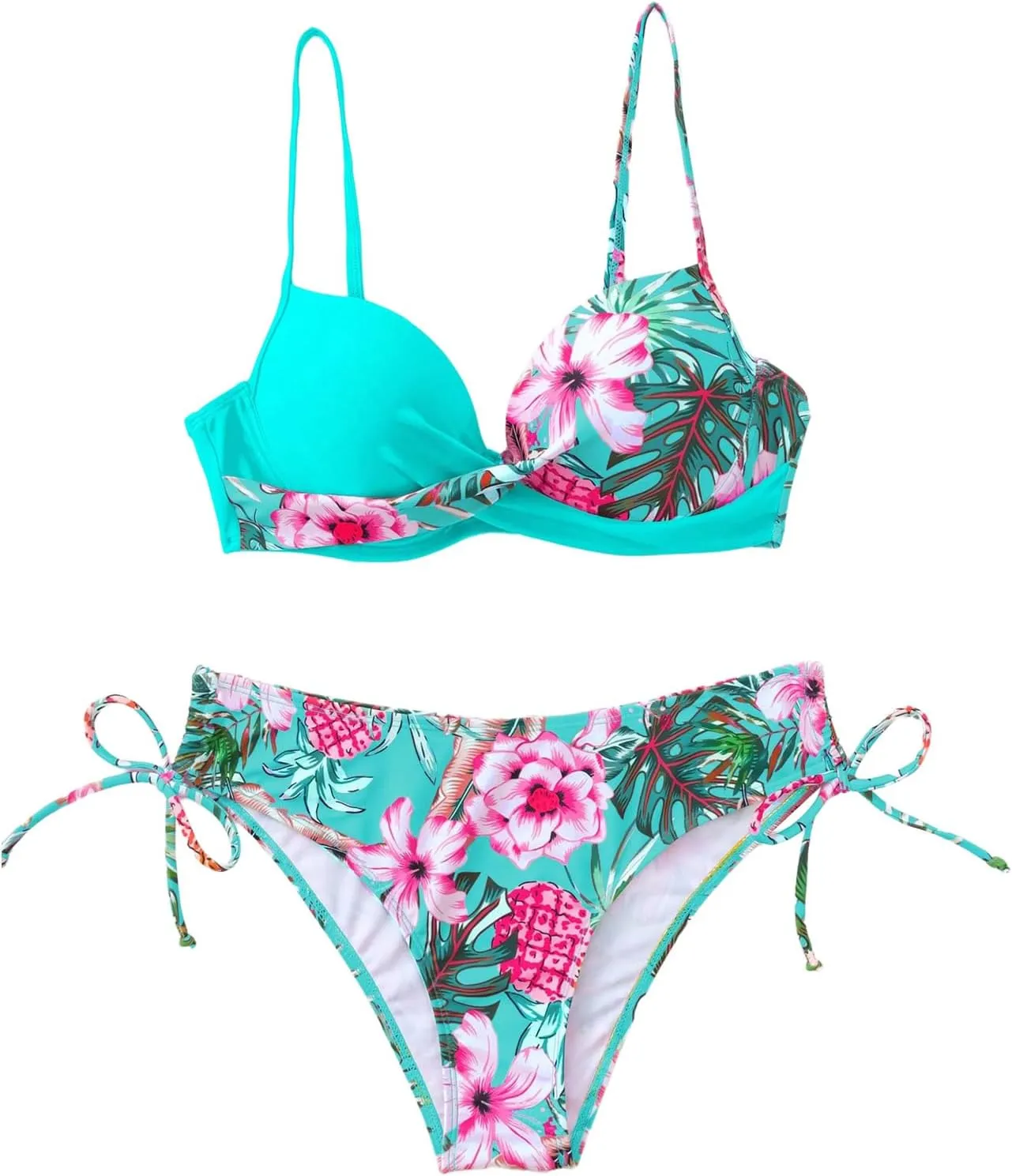 MakeMeChic Women's 2 Piece Bikini Set Tropical Print Wrap Push Up Spaghetti Strap Tie Side Bathing Suit