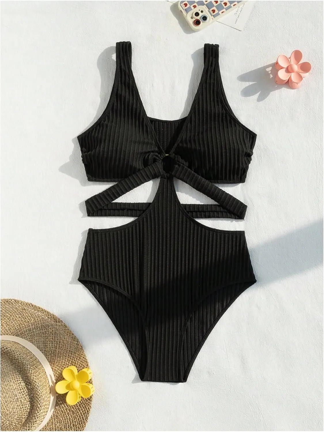 MakeMeChic Women's One Piece Swimsuit Deep V Neck Ring Linked Cut Out Knitted Bikini Bathing Suit