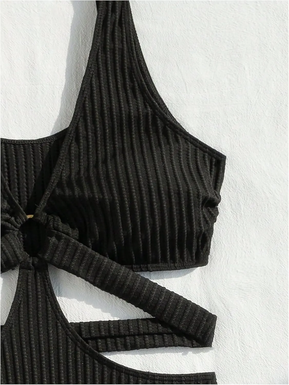 MakeMeChic Women's One Piece Swimsuit Deep V Neck Ring Linked Cut Out Knitted Bikini Bathing Suit