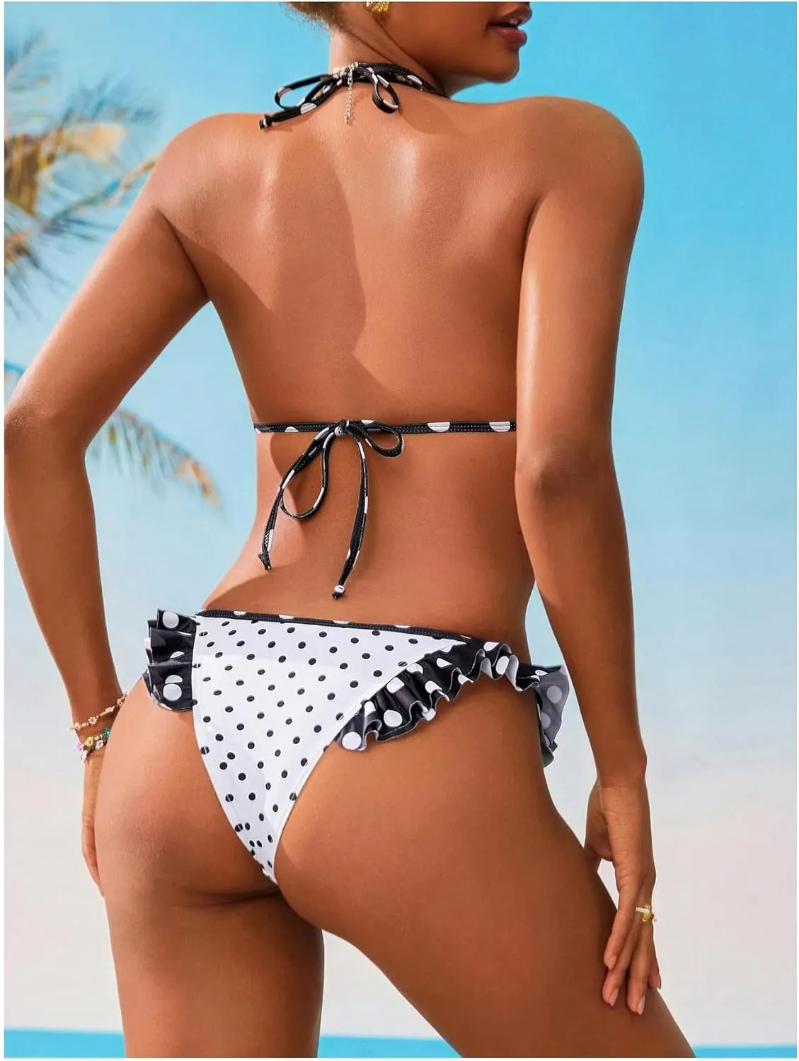 MakeMeChic Women's Polka Dots Bikini Set Halter Triangle Tie Side Ruffle Thong Bathing Suits