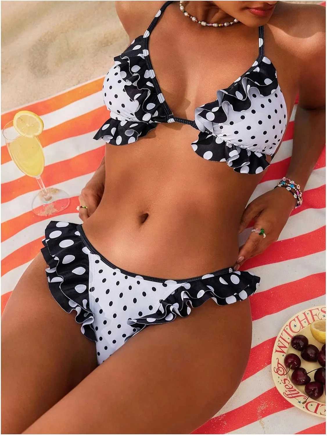MakeMeChic Women's Polka Dots Bikini Set Halter Triangle Tie Side Ruffle Thong Bathing Suits