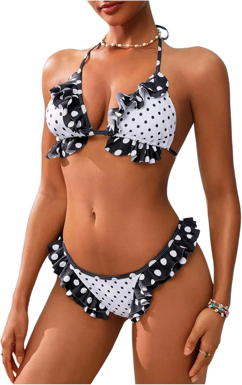 MakeMeChic Women's Polka Dots Bikini Set Halter Triangle Tie Side Ruffle Thong Bathing Suits