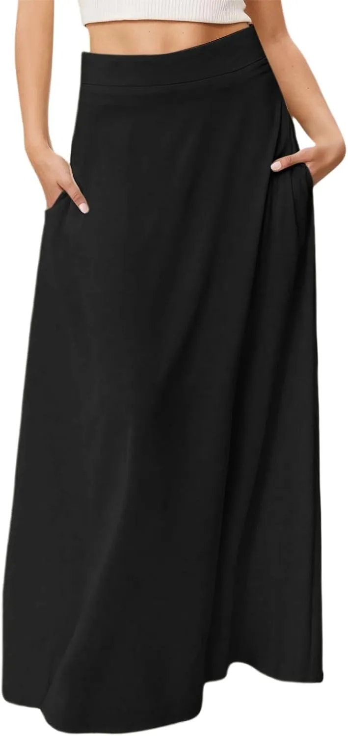 Maxi Skirts for Women 2025 Summer Boho Flowy A-Line Long Skirts Elastic Waist Summer Skirts with Pockets