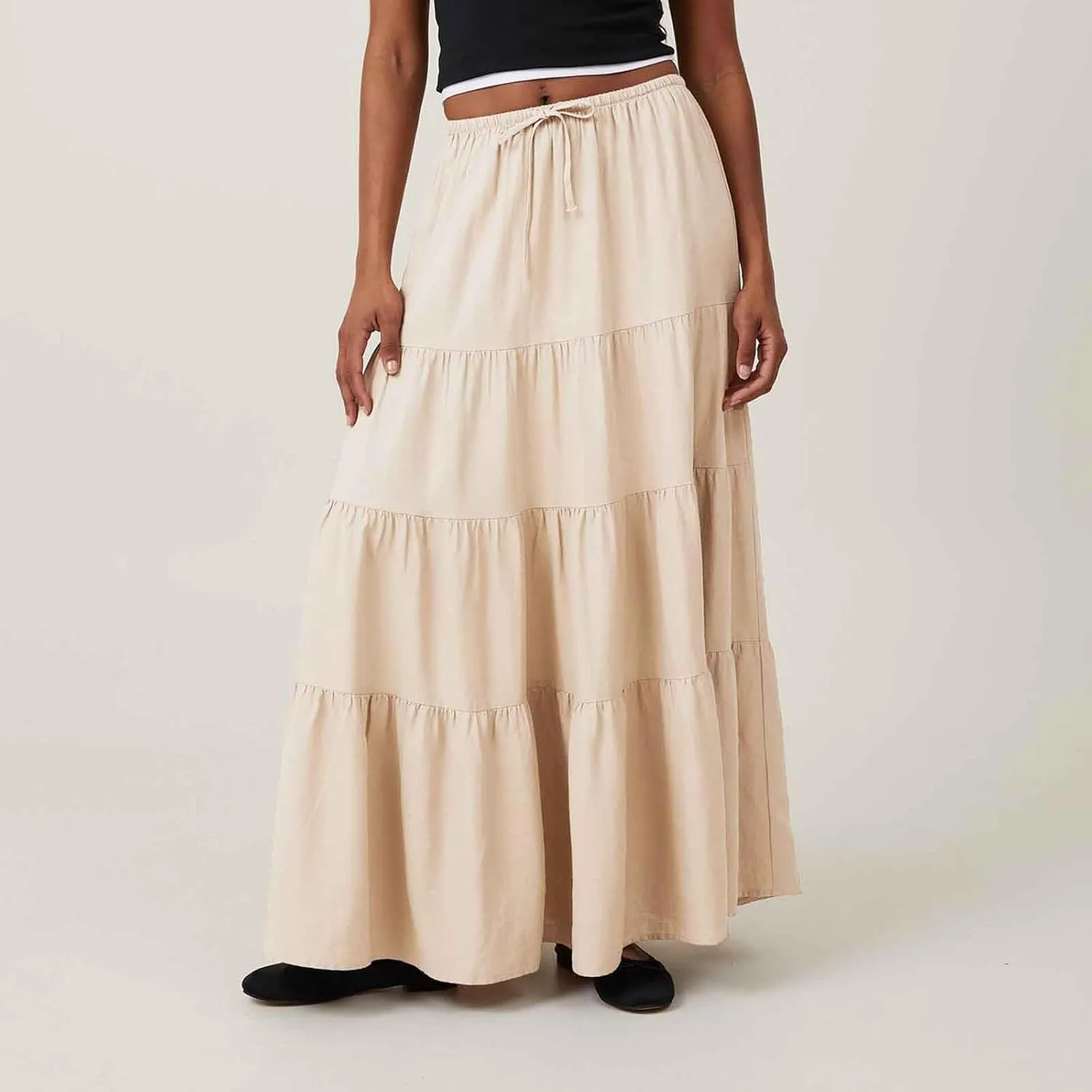 Maxi Skirts for Women Tiered Long Skirts High Waisted Pleated A Line Skirt Flowy Elastic Waist Skirt with Drawstring