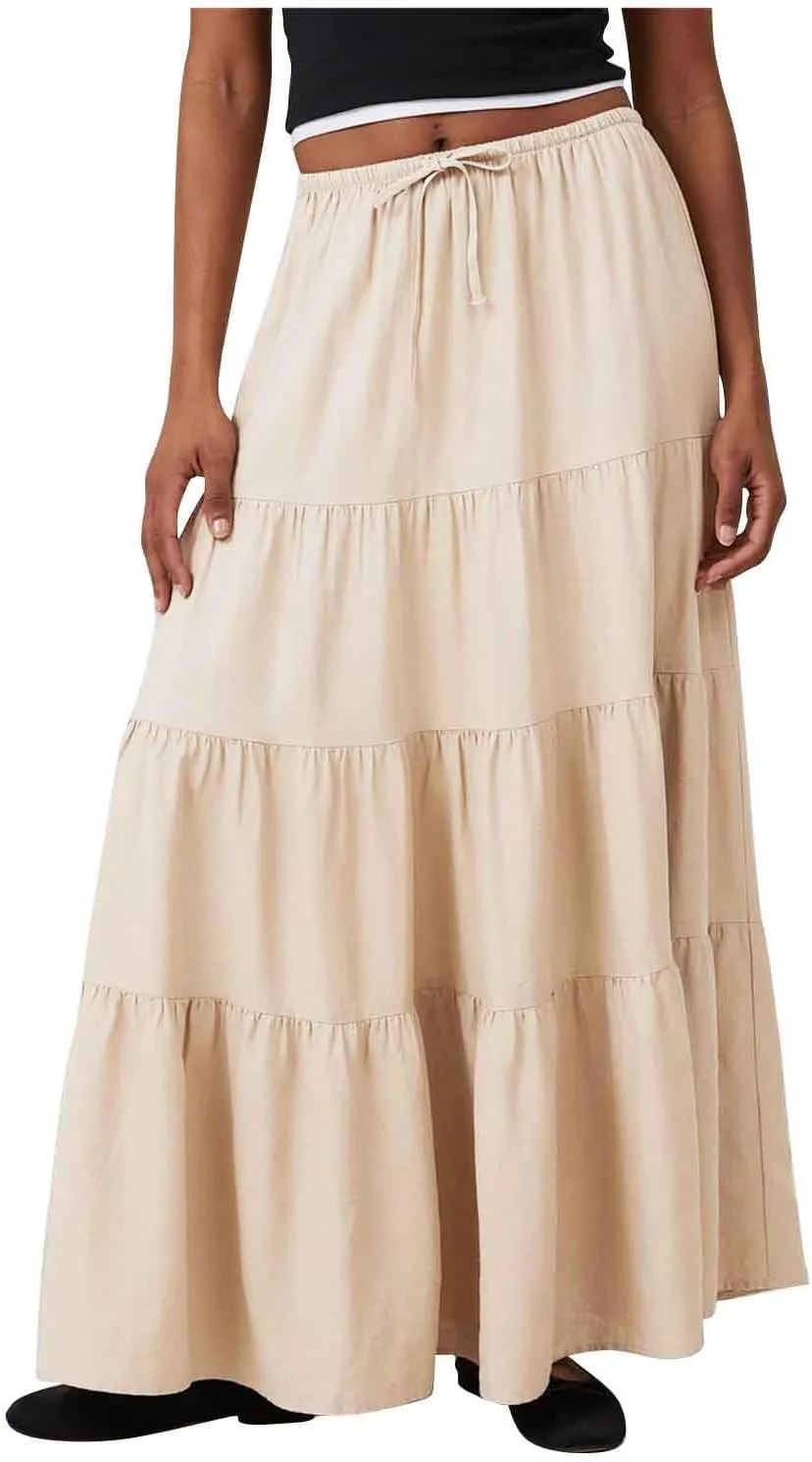 Maxi Skirts for Women Tiered Long Skirts High Waisted Pleated A Line Skirt Flowy Elastic Waist Skirt with Drawstring