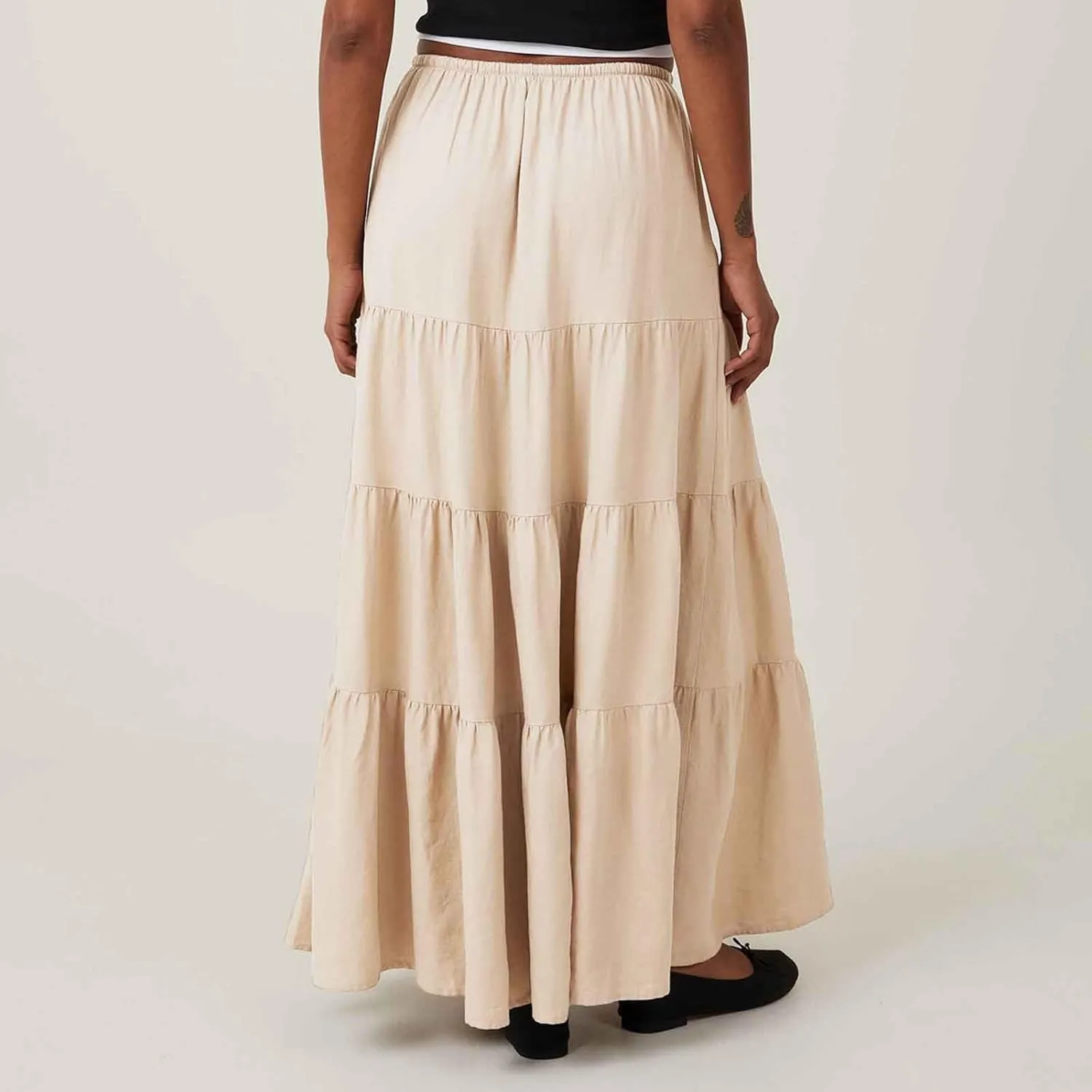 Maxi Skirts for Women Tiered Long Skirts High Waisted Pleated A Line Skirt Flowy Elastic Waist Skirt with Drawstring