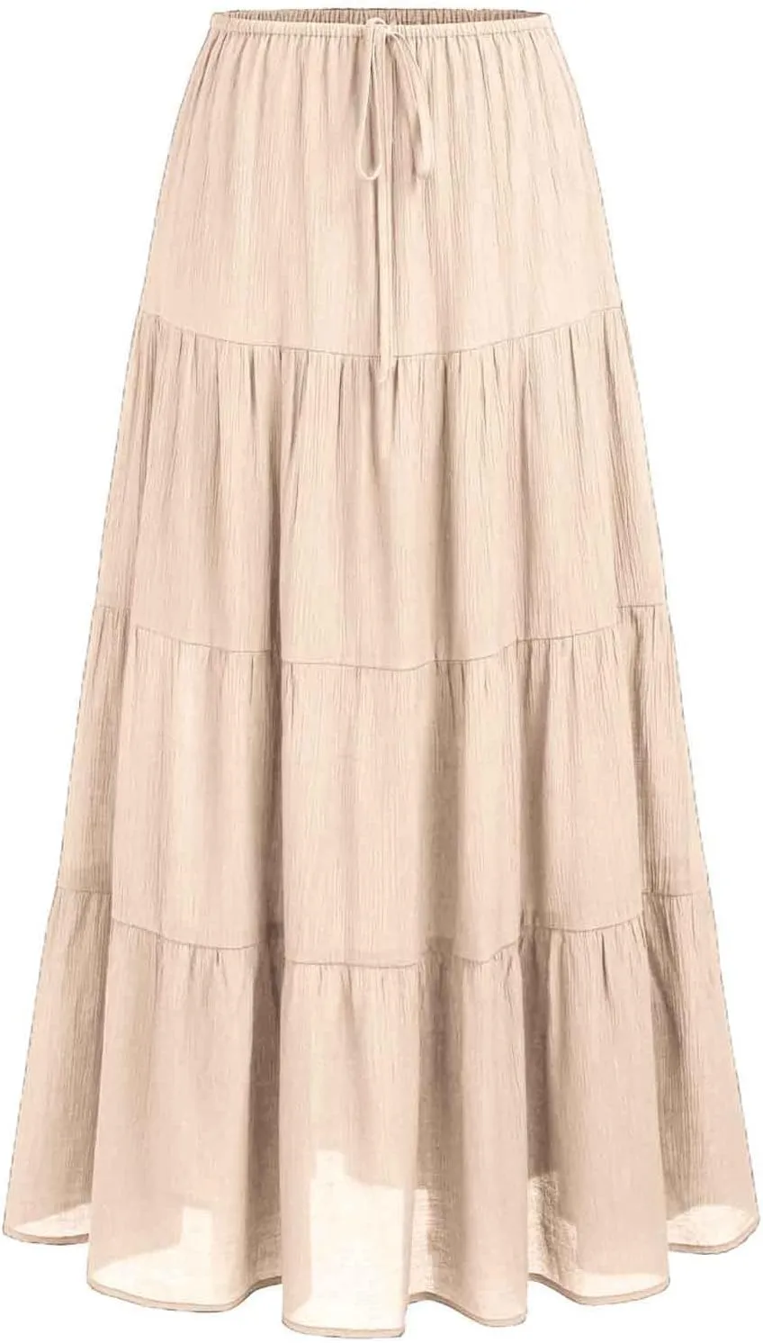 Maxi Skirts for Women Tiered Long Skirts High Waisted Pleated A Line Skirt Flowy Elastic Waist Skirt with Drawstring