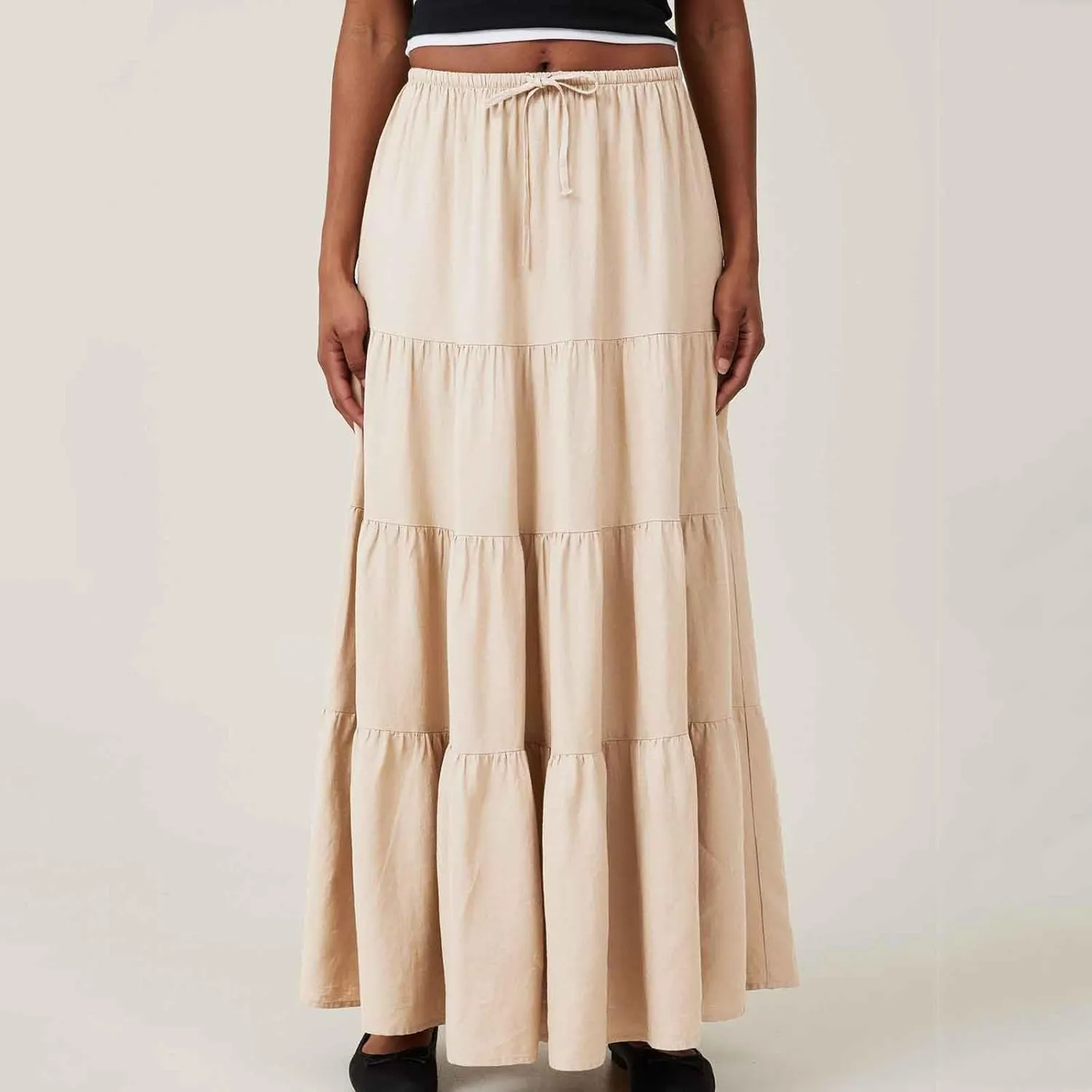 Maxi Skirts for Women Tiered Long Skirts High Waisted Pleated A Line Skirt Flowy Elastic Waist Skirt with Drawstring
