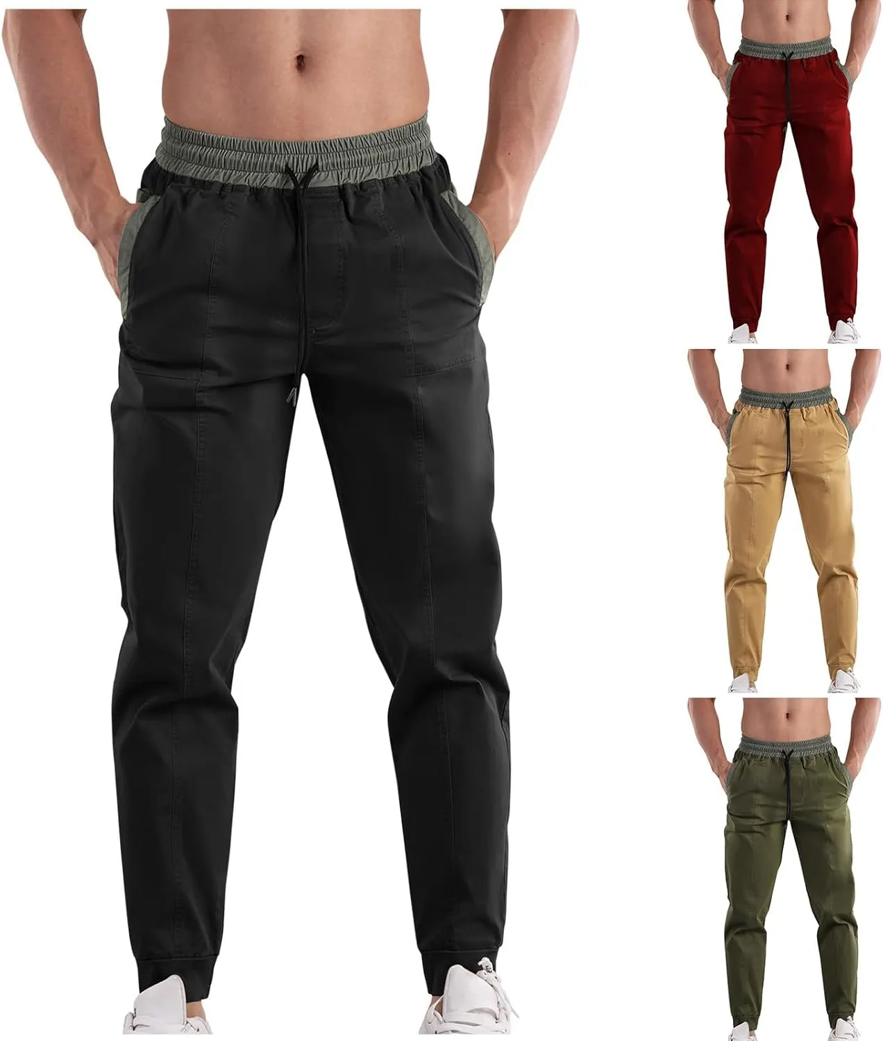 Men Casual Cargo Pants Slim Fit Joggers Sweatpants Elasticated High Waist Trousers Patchwork Tapered Pant Drawstring Bottoms