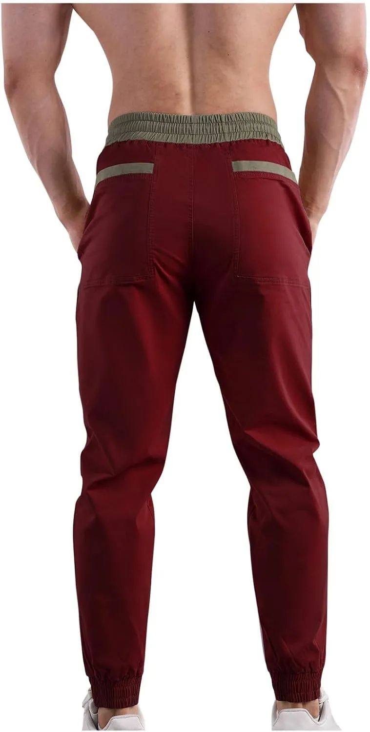 Men Casual Cargo Pants Slim Fit Joggers Sweatpants Elasticated High Waist Trousers Patchwork Tapered Pant Drawstring Bottoms