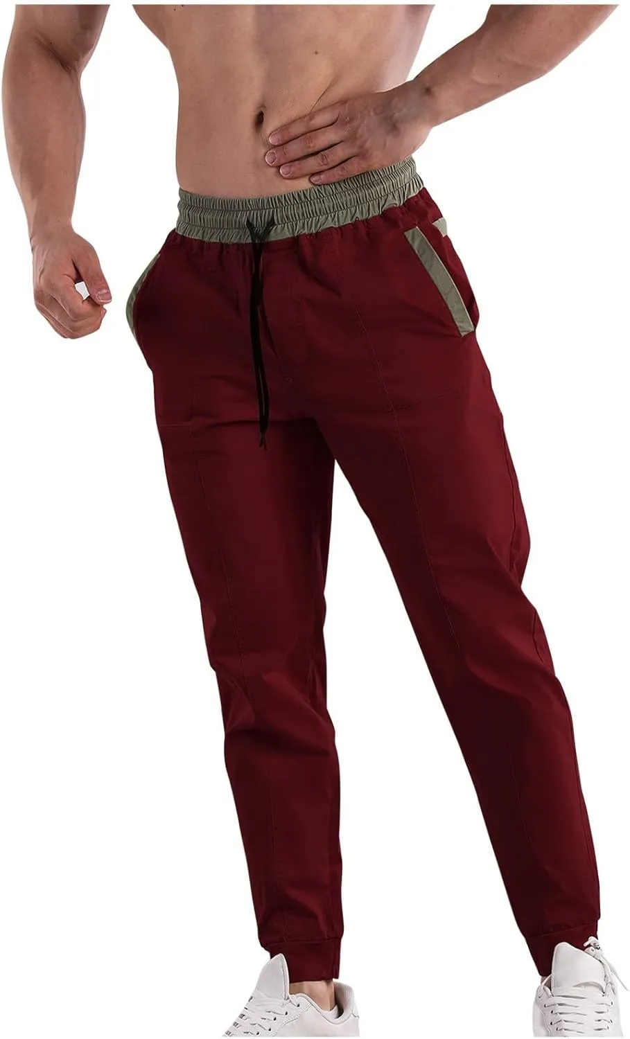 Men Casual Cargo Pants Slim Fit Joggers Sweatpants Elasticated High Waist Trousers Patchwork Tapered Pant Drawstring Bottoms