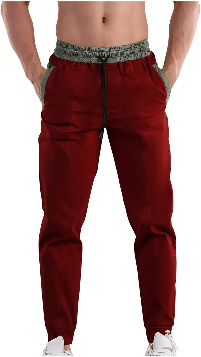 Men Casual Cargo Pants Slim Fit Joggers Sweatpants Elasticated High Waist Trousers Patchwork Tapered Pant Drawstring Bottoms