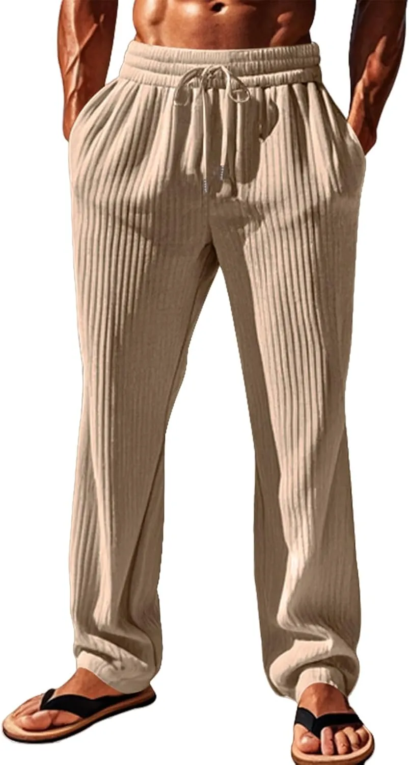 Mens Linen Drawstring Elastic Waist Lightweight Casual Summer Beach Trousers Pants