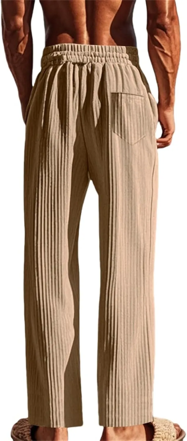 Mens Linen Drawstring Elastic Waist Lightweight Casual Summer Beach Trousers Pants
