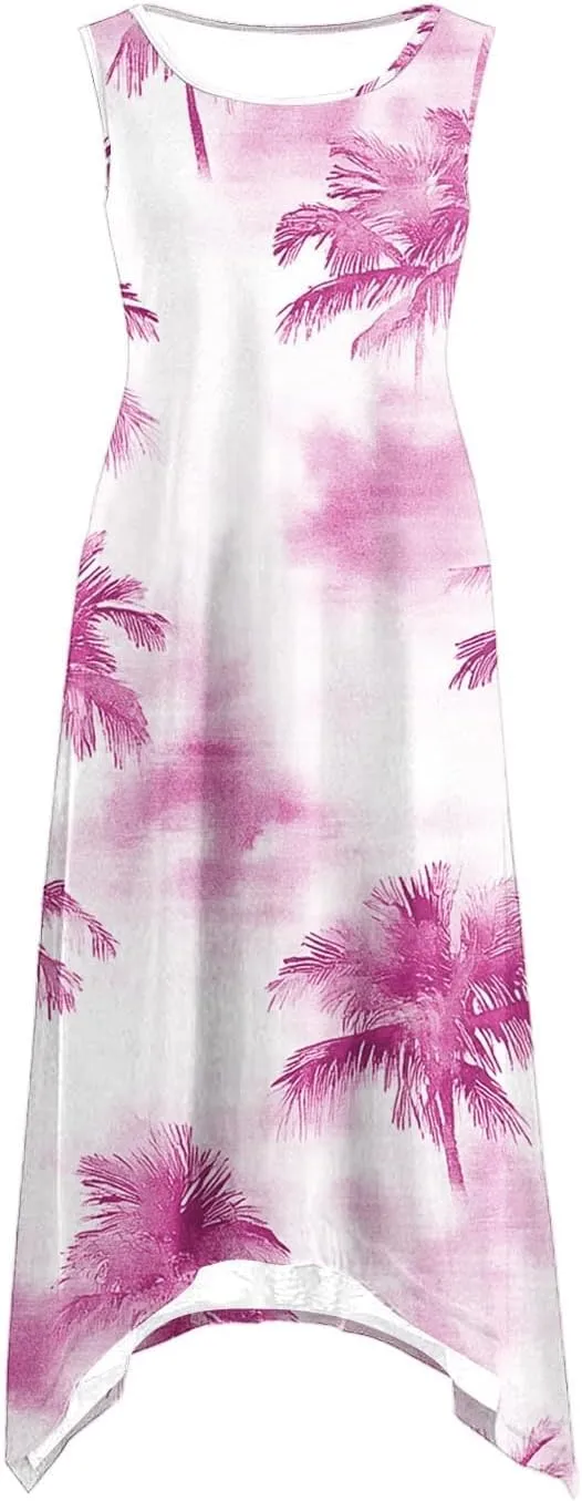 Midi Dress for Women 2025 Summer Beach Vacation Sundresses Coconut Tree Printed Round Neck Sleeveless Tank Dress