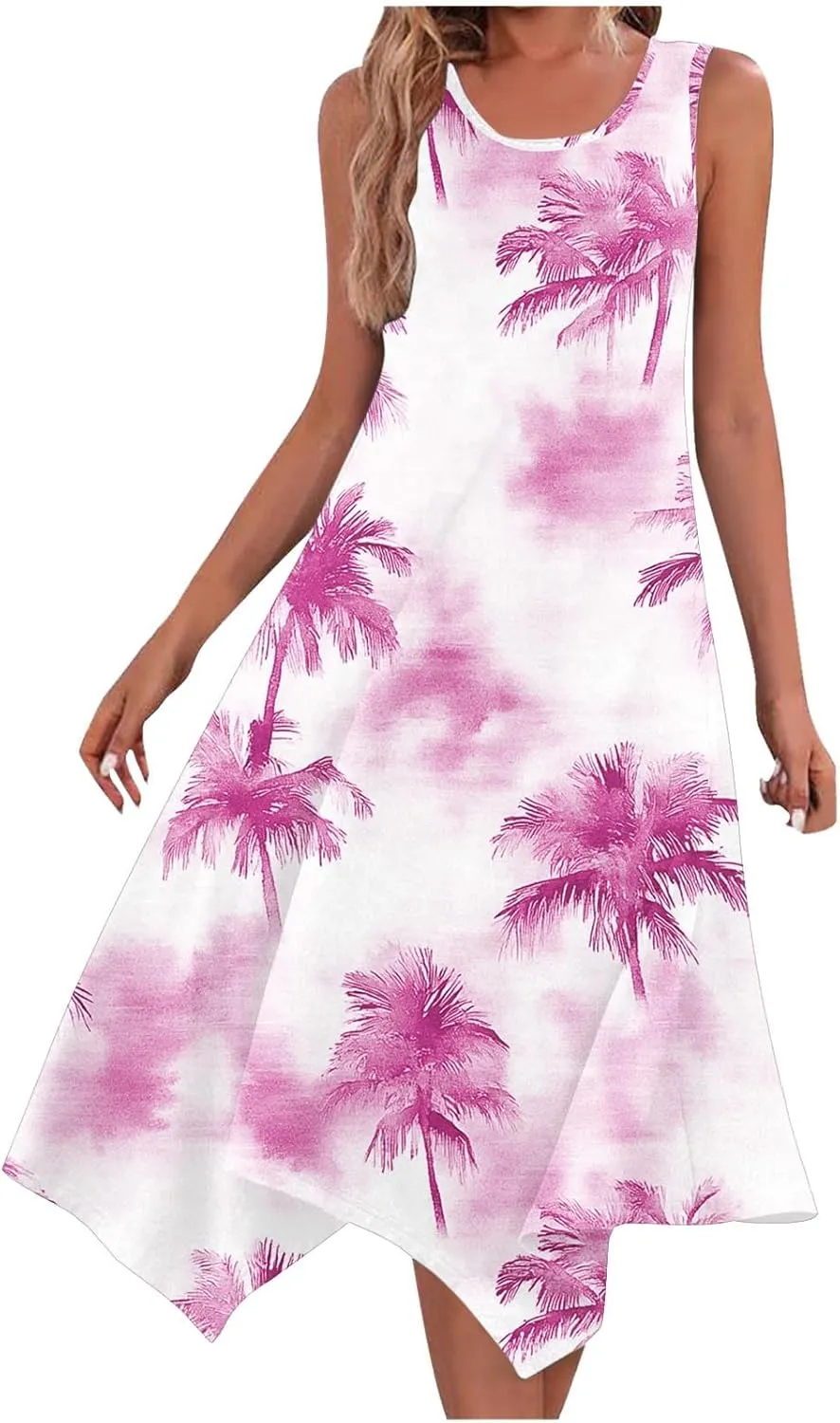 Midi Dress for Women 2025 Summer Beach Vacation Sundresses Coconut Tree Printed Round Neck Sleeveless Tank Dress