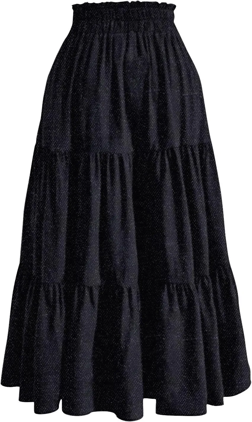 Midi Skirts for Women Summer Drawstring High Waisted A Line Skirt Casual Vacation Tiered Ruffle Long Denim Skirts