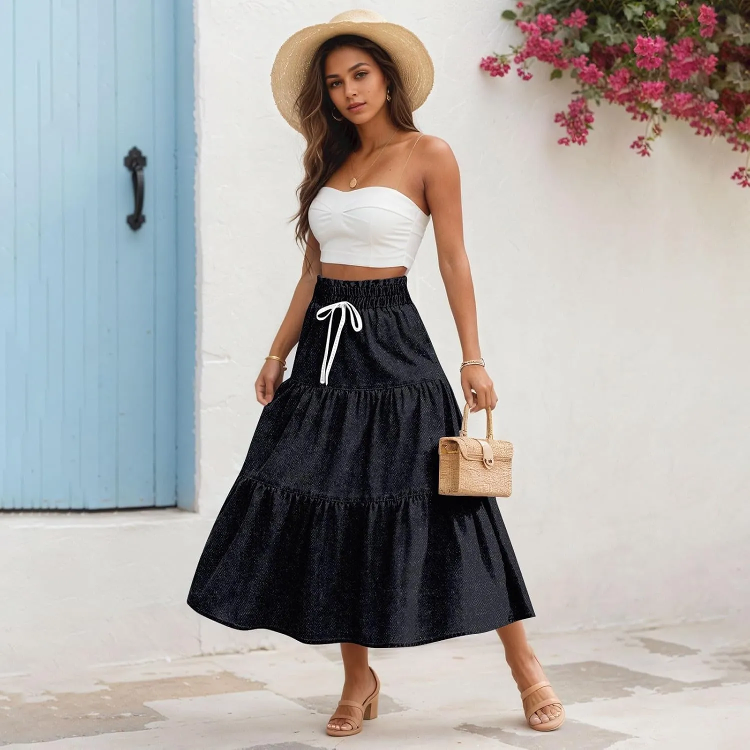 Midi Skirts for Women Summer Drawstring High Waisted A Line Skirt Casual Vacation Tiered Ruffle Long Denim Skirts