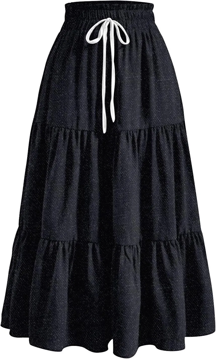 Midi Skirts for Women Summer Drawstring High Waisted A Line Skirt Casual Vacation Tiered Ruffle Long Denim Skirts