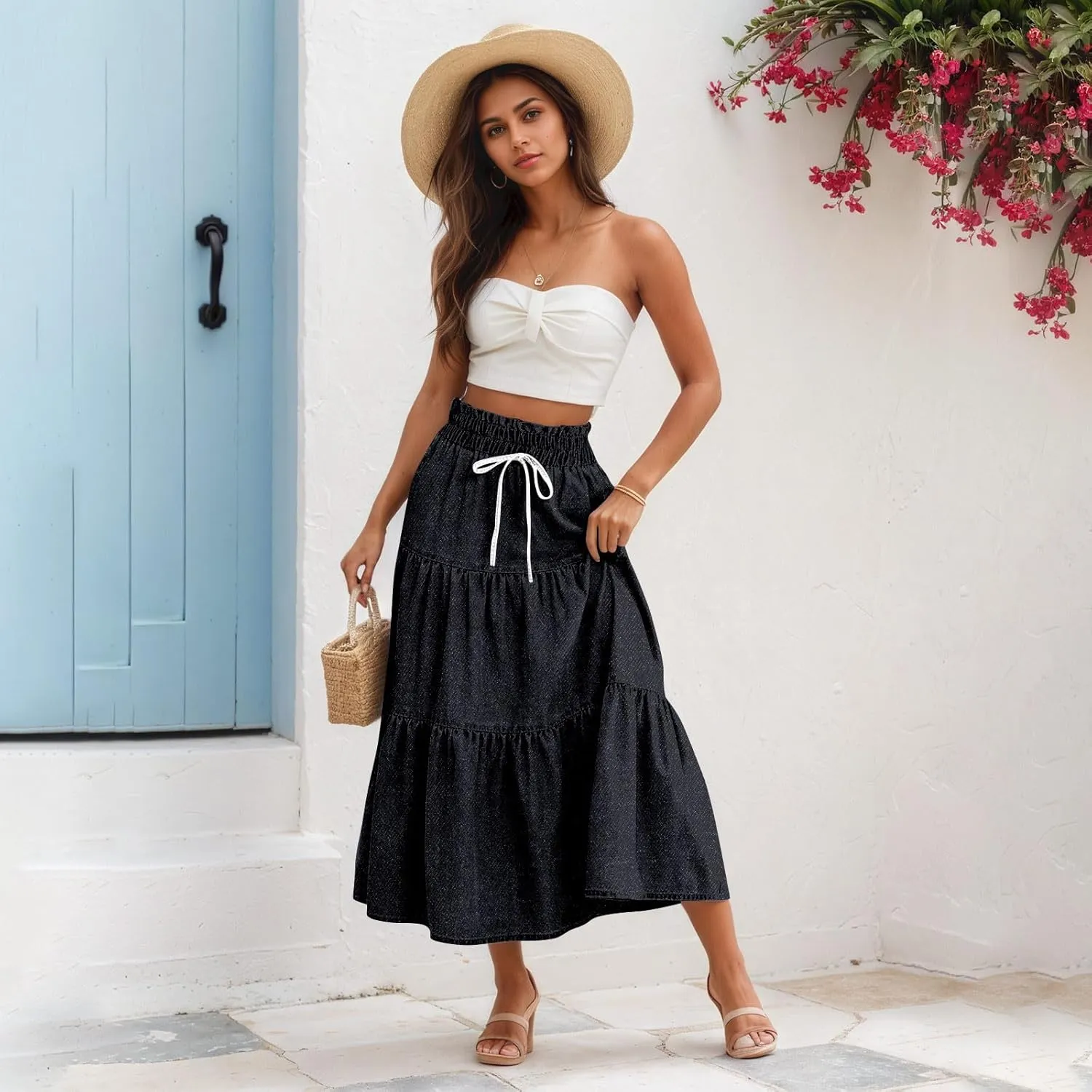Midi Skirts for Women Summer Drawstring High Waisted A Line Skirt Casual Vacation Tiered Ruffle Long Denim Skirts
