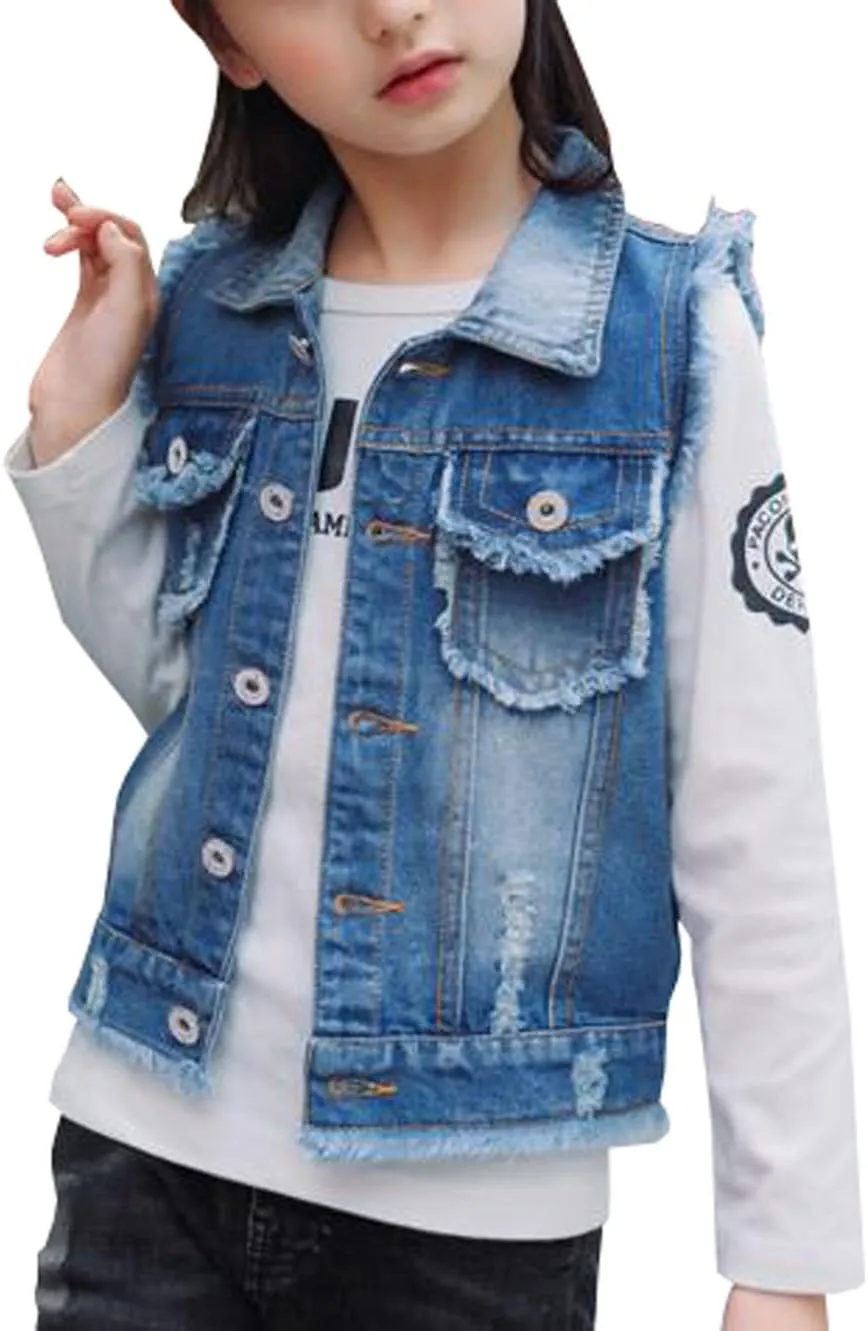 MYtodo Solid color girl vest burr cowboy vest children cardigan jacket