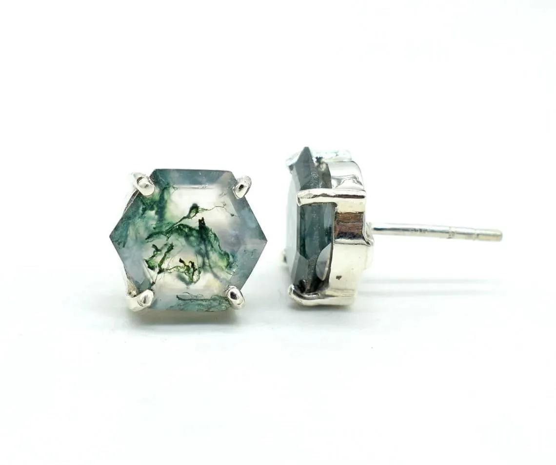 Natural Green Moss Agate Studs Hexagon Studs Moss Agate Earrings Minimalist Studs Moss Agate Jewelry 925 Sterling Silver Studs Gemstone Studs Gift For Her (10 mm, Rose Gold)