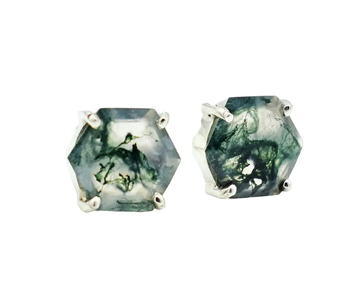 Natural Green Moss Agate Studs Hexagon Studs Moss Agate Earrings Minimalist Studs Moss Agate Jewelry 925 Sterling Silver Studs Gemstone Studs Gift For Her (10 mm, Rose Gold)