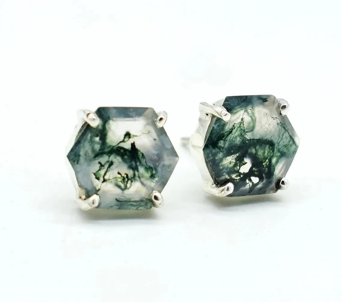 Natural Green Moss Agate Studs Hexagon Studs Moss Agate Earrings Minimalist Studs Moss Agate Jewelry 925 Sterling Silver Studs Gemstone Studs Gift For Her (10 mm, Rose Gold)