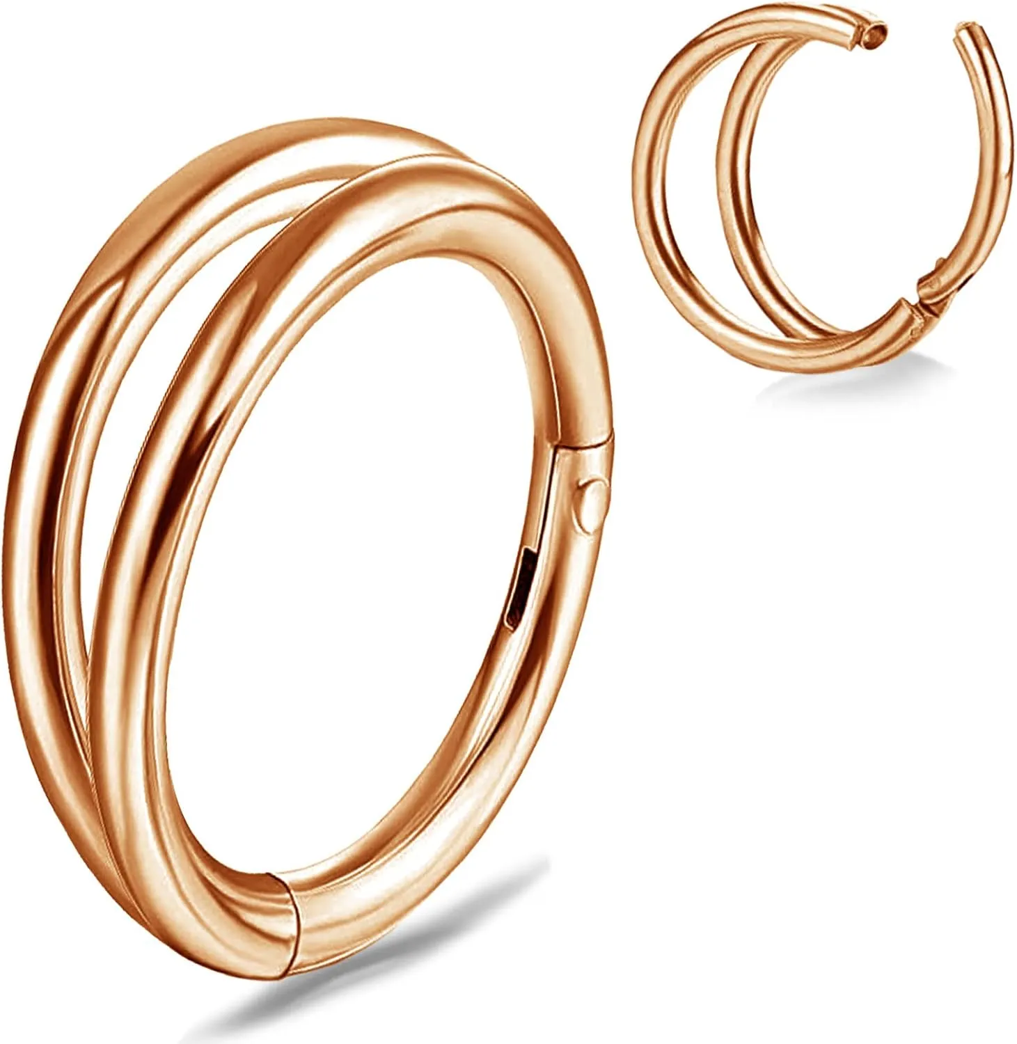 Nose Ring Hoop Double Nose Ring for Single Piercing Lip Septum Rings Cartilage Hoop Earring Surgical Steel 16g Hinged Helix Daith Segment Conch Piercing Jewelry (1Pcs Double 16g Rose Gold 10mm)
