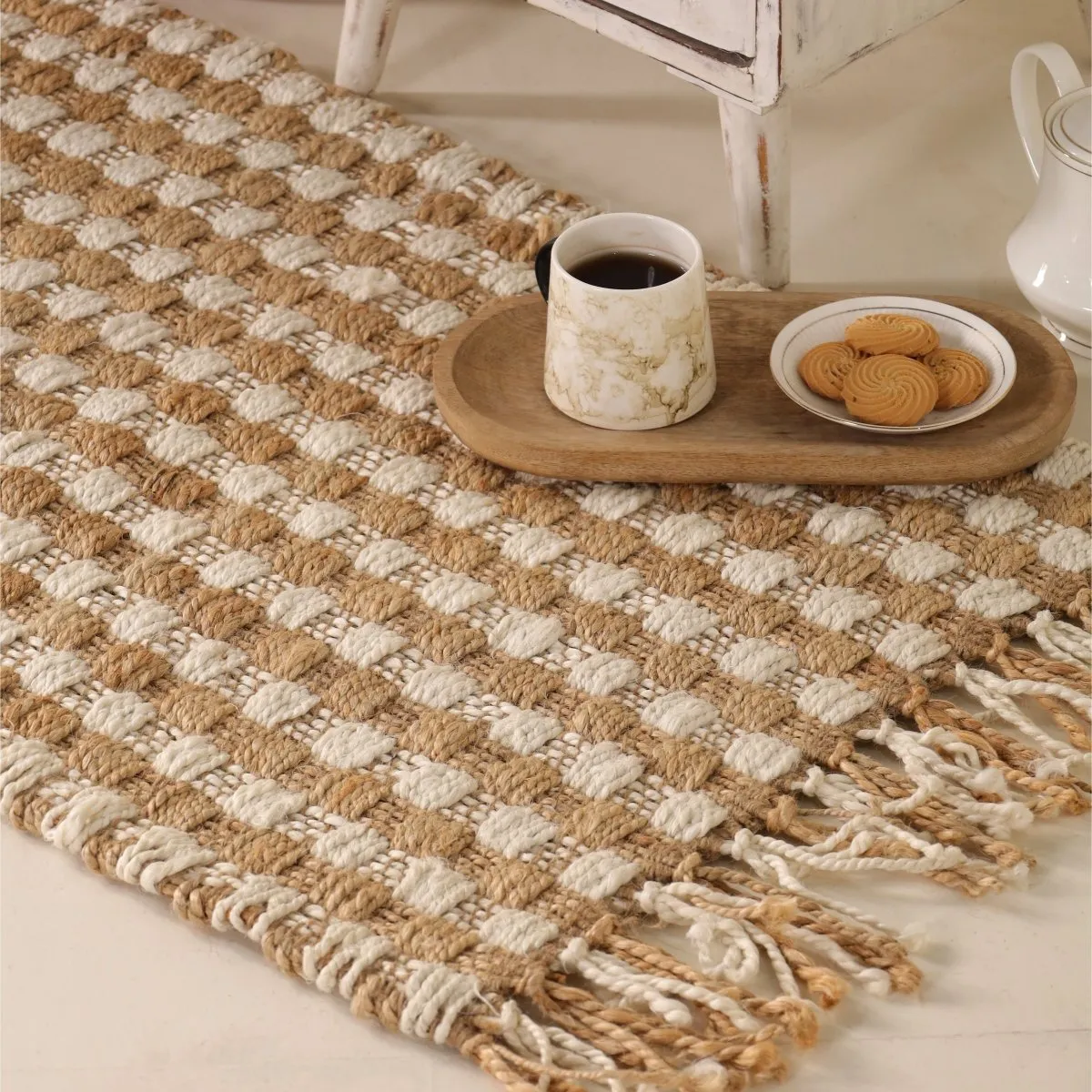 Off White Sustainable Floor Rug In 2 x 3 ft | Geometric Pattern | Handcrafted In India