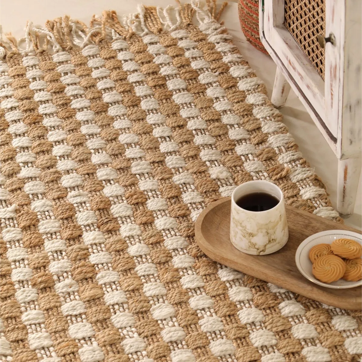 Off White Sustainable Floor Rug In 2 x 3 ft | Geometric Pattern | Handcrafted In India
