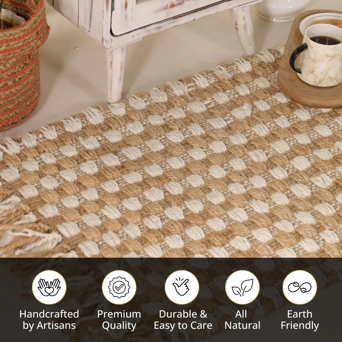 Off White Sustainable Floor Rug In 2 x 3 ft | Geometric Pattern | Handcrafted In India
