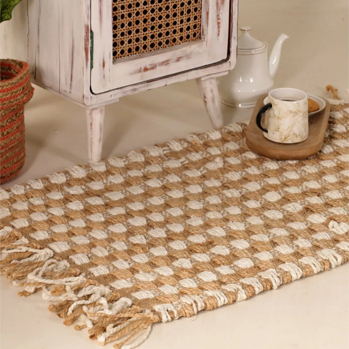 Off White Sustainable Floor Rug In 2 x 3 ft | Geometric Pattern | Handcrafted In India