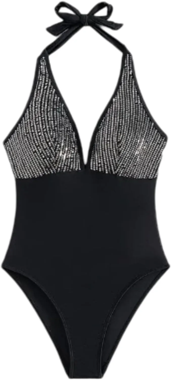 One Piece Halter Neck SequinedBackless Rhinestone Bikini Swimsuit (US, Alpha, Large, Regular, Regular, Black)