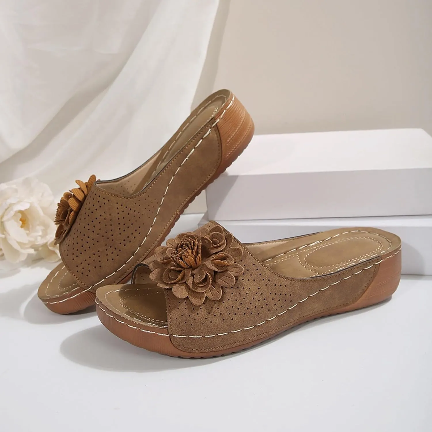 Orthopedic Sandals for Women 2025 New Chic Flower Orthotic Sandal Arch Support Boho Beach Slides Fish Mouth Open Toe Wedge Platform Comfortable Low Heel Hollow Out Slippers for Dressy Casual Wear