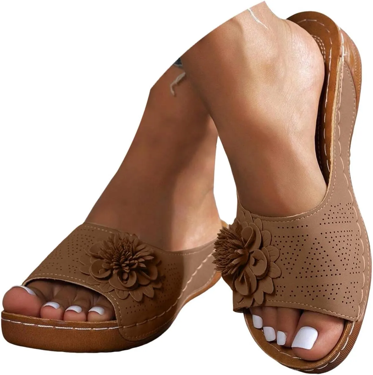 Orthopedic Sandals for Women 2025 New Chic Flower Orthotic Sandal Arch Support Boho Beach Slides Fish Mouth Open Toe Wedge Platform Comfortable Low Heel Hollow Out Slippers for Dressy Casual Wear