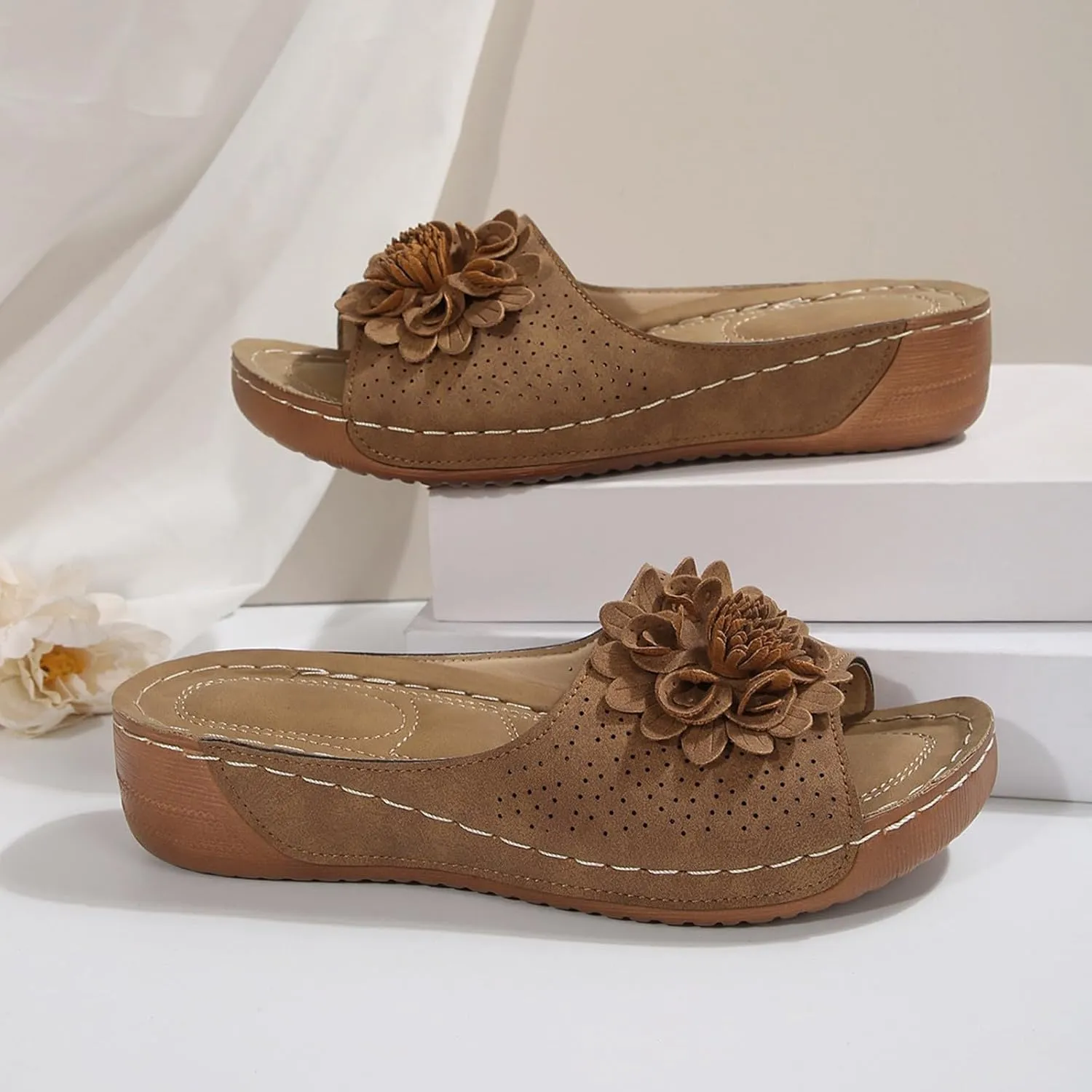 Orthopedic Sandals for Women 2025 New Chic Flower Orthotic Sandal Arch Support Boho Beach Slides Fish Mouth Open Toe Wedge Platform Comfortable Low Heel Hollow Out Slippers for Dressy Casual Wear